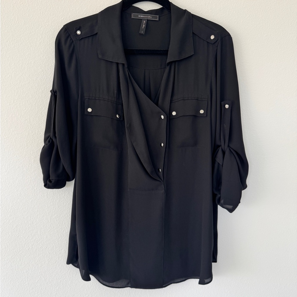 BCBGMaxAzria Black Snap-Pocket Roll-Tab Blouse